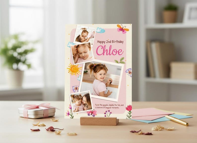 May include: A personalized birthday card for a 2-year-old named Chloe, featuring multiple photos, butterflies, and floral accents. The card is displayed on a wooden stand, with a gift box and stationery nearby.