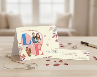 May include: A Valentine's Day card with the word "LOVE" in large letters, each letter containing a photo. The card is cream-colored with floral and heart accents. A matching insert card is also present.