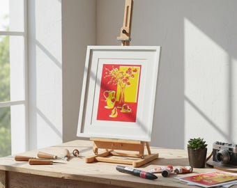 Still Life with Vase, A5 Risograph Print, Interior Scene Illustration, Graphic Home Decor, Pop Art Wall Art