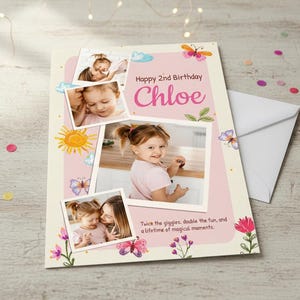 May include: A personalized birthday card with photos of a young girl named Chloe. The card features a pink and cream color scheme, butterflies, flowers, and the text "Happy 2nd Birthday Chloe". Includes a white envelope.