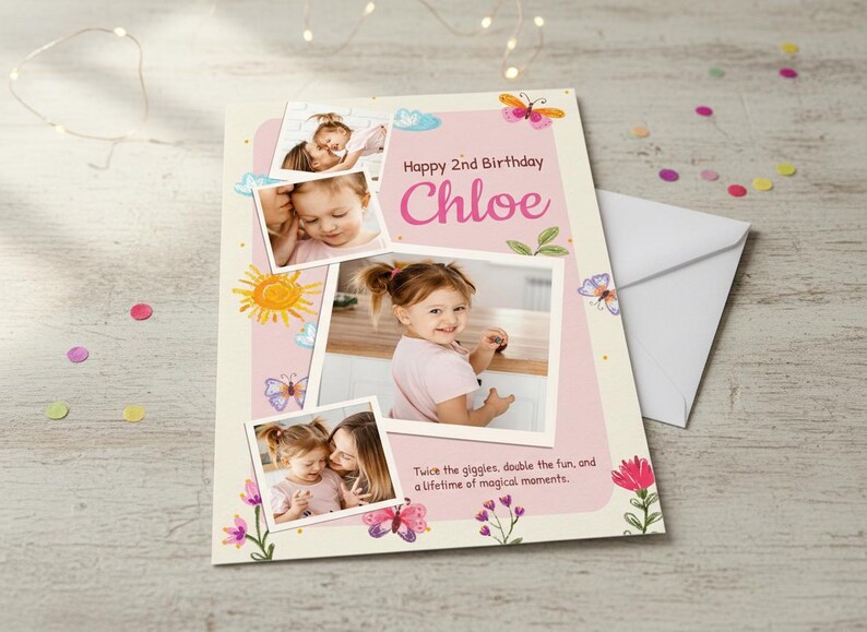 May include: A personalized birthday card with photos of a young girl named Chloe. The card features a pink and cream color scheme, butterflies, flowers, and the text "Happy 2nd Birthday Chloe". Includes a white envelope.
