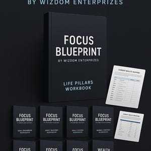 Puede incluir: Una colección de cuadernos negros titulados "Focus Blueprint" de Wizdom Enterprizes. La imagen incluye un cuaderno grande, varios cuadernos más pequeños y hojas de trabajo. El texto en los cuadernos incluye "Life Pillars Workbook" y "8 Workbook Modules."