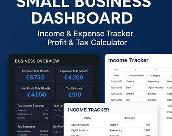 May include: A digital dashboard with the text "SMALL BUSINESS DASHBOARD" and "Income & Expense Tracker Profit & Tax Calculator." The dashboard displays financial data, including revenue, expenses, and profit, with an income tracker.