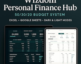 Personal Finance Hub – 50/30/20 Budget, Excel + Google Sheets (Digital Download)