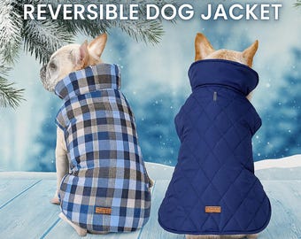 Classic Plaid Reversible Dog Jacket – Warm Winter Coat, Water-Repellent Quilted Dog Vest, Double-Sided Plaid Jacket, Dog Winter Clothes