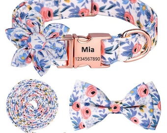 Personalized Floral Dog Collar with Nameplate, Custom Dog Collar with Bow Tie & Leash, Adjustable Polyester Collar for Girl Dogs