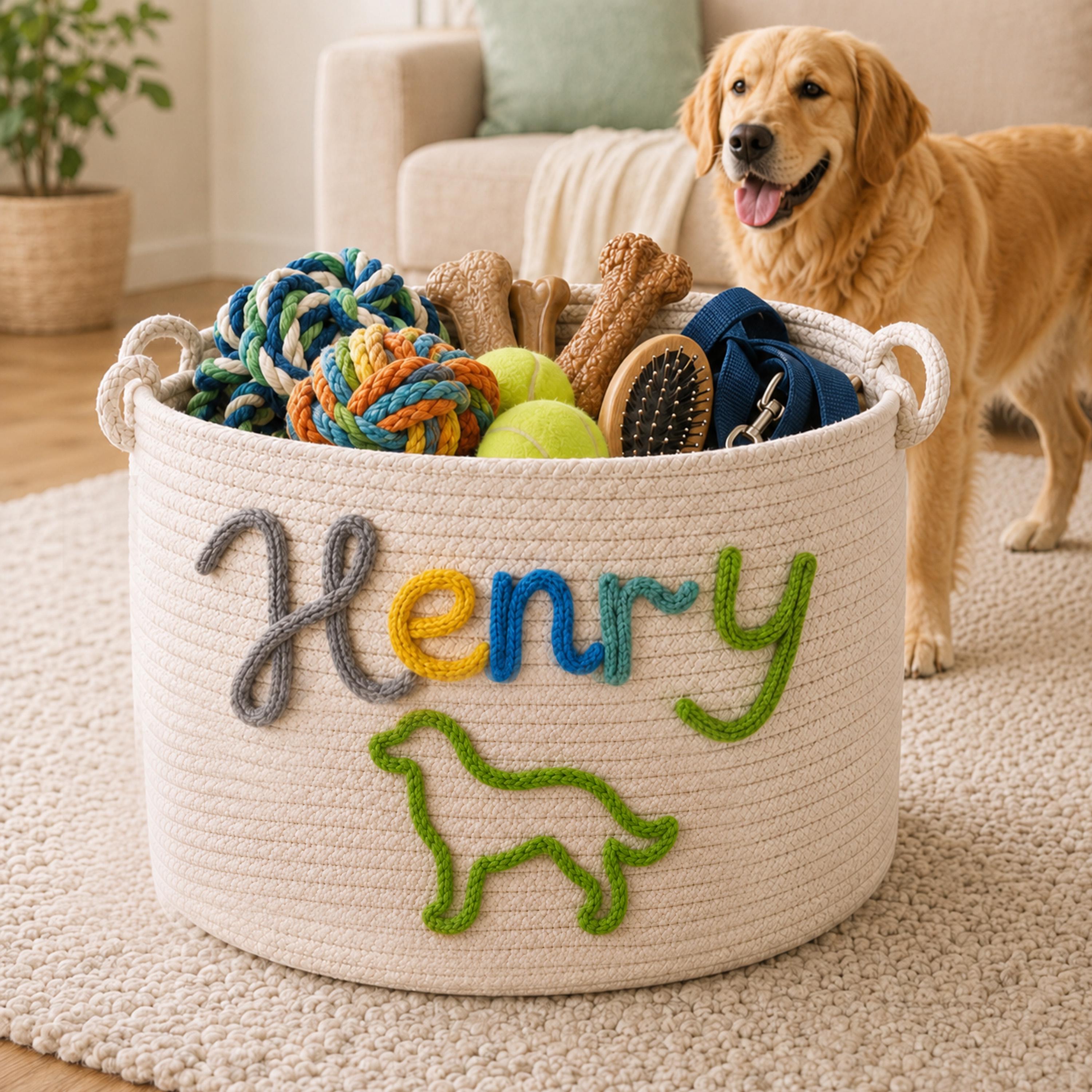 Personalized Pet Toy Basket, Custom Dog Cat Toy Basket, Cotton Rope Storage Basket, Custom Pet Name Basket, Dog Toy Basket, Pet Lover Gift