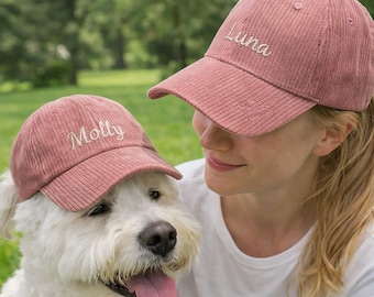 Gepersonaliseerde bijpassende hoeden voor hond en eigenaar, hondenhoed, kattenhoed, aangepaste geborduurde naam corduroy hondenpet, honkbalhoed huisdier, hond moeder vader cadeau