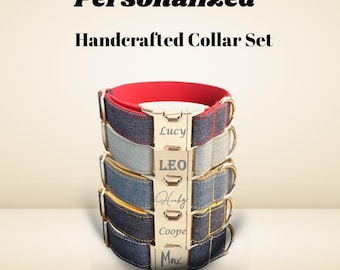 Personalized Dog Collar Set • Denim Collar Bow Tie Leash • Custom Name Pet Collar • Handmade Pet Gift