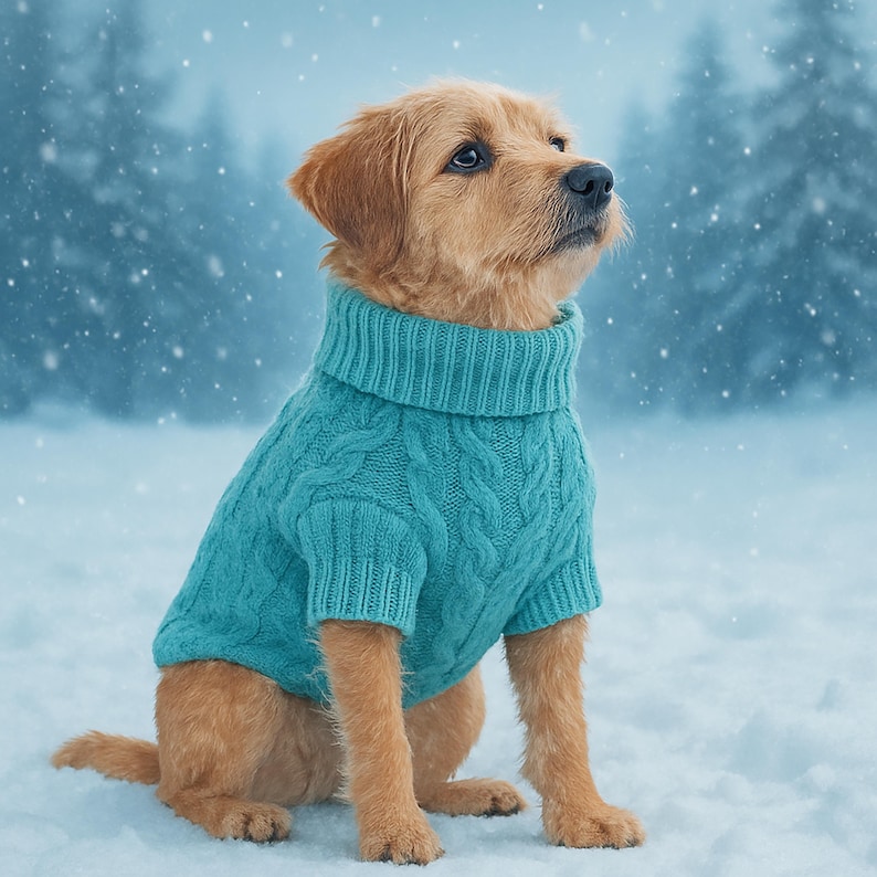 K&ouml;nnte beinhalten: Ein goldener Retriever-Welpe tr&auml;gt einen t&uuml;rkisfarbenen Rollkragenpullover aus Zopfstrick und sitzt im Schnee und blickt nach oben. Der Hund ist von einer verschneiten Landschaft mit verschwommenen Nadelb&auml;umen im Hintergrund umgeben. Schneeflocken fallen.