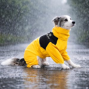 Op de afbeelding: Een hond draagt een gele en zwarte waterdichte regenjas en zit in de regen. Op de regenjas staat het woord "Meeko" gedrukt. De hond is wit en grijs, met een gekrulde staart.