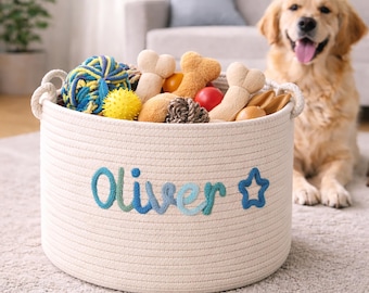 Cesta de juguetes personalizada de cuerda de algodón para perros, cesta de juguetes para gatos, almacenamiento de juguetes con nombre de mascota personalizado, organizador de juguetes para perros, contenedor de juguetes para cachorros, regalo para perros, regalo para gatos
