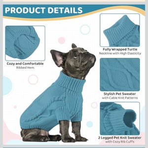 K&ouml;nnte beinhalten: Ein hellblauer Zopfstrickpullover f&uuml;r Hunde mit Rollkragen, getragen von einer Franz&ouml;sischen Bulldogge. Der Pullover hat gerippte B&uuml;ndchen und einen Saum. Der Text auf dem Bild lautet "Product Details".
