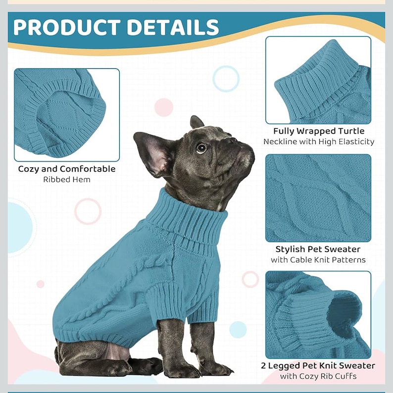 K&ouml;nnte beinhalten: Ein hellblauer Zopfstrickpullover f&uuml;r Hunde mit Rollkragen, getragen von einer Franz&ouml;sischen Bulldogge. Der Pullover hat gerippte B&uuml;ndchen und einen Saum. Der Text auf dem Bild lautet "Product Details".