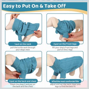 K&ouml;nnte beinhalten: Ein teal-farbener Hundepullover mit Zopfmuster wird in vier Schritten an einem Hund angezogen. Der Text "Easy to Put On & Take Off" steht oben. Anweisungen umfassen das Anziehen an Hals, Vorderbeinen, R&uuml;cken und Brust.