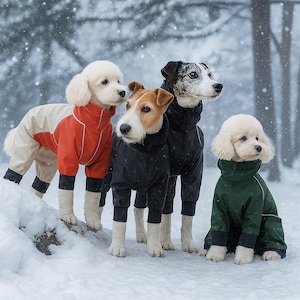 以下が含まれることがあります： 雪の中で冬のコートを着た4匹の犬。1匹は赤とベージュのコート、2匹は黒のコート、1匹は緑のコートを着ています。犬はさまざまな品種とサイズで、雪に覆われた森を背景にしています。