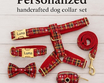 Personalized Dog Collar & Harness Set • Custom Name Plaid Collar Leash Poop Bag Holder Bowtie • Engraved Pet Collar Gift Set