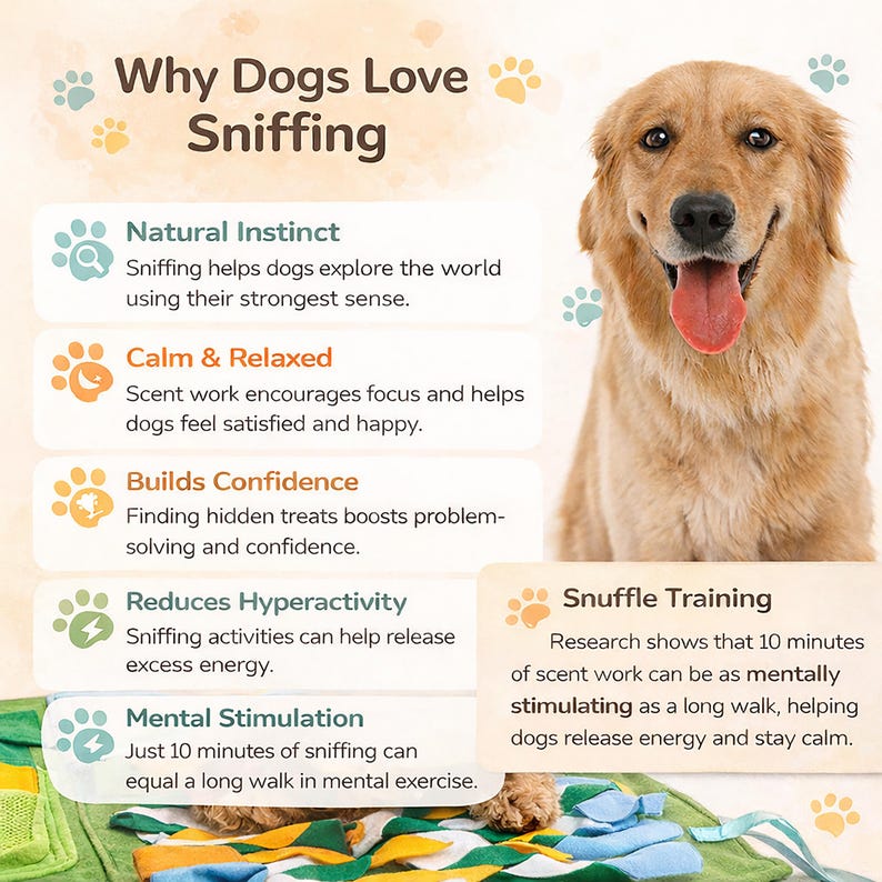 Op de afbeelding: Een vrolijke golden retriever met zijn tong uit, naast tekst die uitlegt waarom honden graag snuffelen. De tekst bevat voordelen zoals natuurlijk instinct, rust, zelfvertrouwen, verminderde hyperactiviteit en mentale stimulatie.