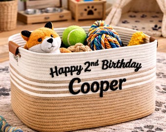 Personalized Cotton Handwoven Rope Dog Toy Basket, Dog Storage Bin, Custom Pet Organizer, Name Toy Basket, Dog Lover Gift, Dog Birthday Gift
