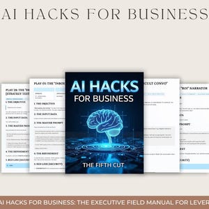 May include: A book cover titled "AI Hacks for Business" featuring a blue brain graphic. Several open pages with text surround the book. The text at the bottom reads "120 AI Hacks for Business: The Executive Field Manual for Leverage."