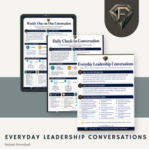 May include: A digital product image featuring a tablet and printed cards with the text "Weekly One-on-One Conversation", "Daily Check-In Conversation", and "Everyday Leadership Conversations". The cards have a white background with black text and graphics.