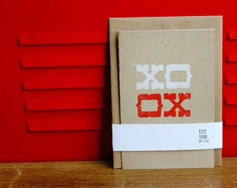 Simple Folded Card - XO, Linoleum Block Print w/envelope