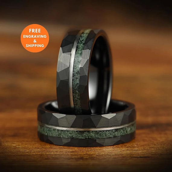 Moss Agate Ring Mens Wedding Band Unique Custom Engraved Tungsten Promise Ring For Him