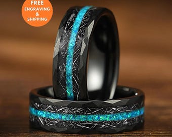 Meteorite Ring Male Wedding Band – Hammered Black Tungsten Carbide with Green Opal Custom Engraved