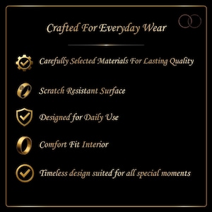 Puede incluir: Un gr&aacute;fico informativo negro con texto e iconos dorados. El texto dice: Crafted For Everyday Wear, Carefully Selected Materials For Lasting Quality, Scratch Resistant Surface, Designed for Daily Use, Comfort Fit Interior y Timeless design suited for all special moments.
