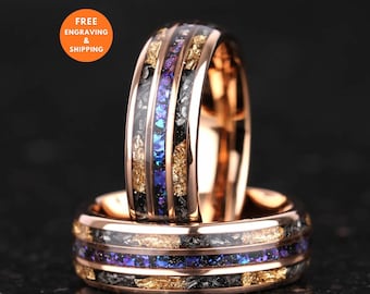 Anillo de boda de meteorito con diseño de galaxia para hombre, grabado personalizado único - Carburo de tungsteno, arenisca y pan de oro