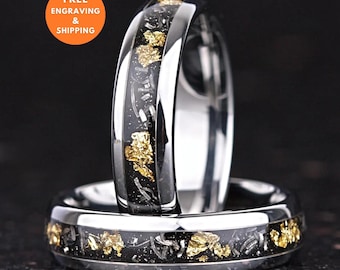 Meteorite Ring Unique Mens Wedding Band Custom Engraved Unisex - Tungsten Carbide & Gold Leaf (6mm)