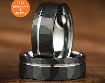 Anillo de boda para hombre, exclusivo, bicolor, de tungsteno, grabado a medida, negro y plata (8 mm).