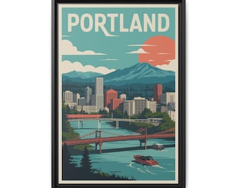 Retro Portland Framed Canvas Print – Vintage Travel Poster Art