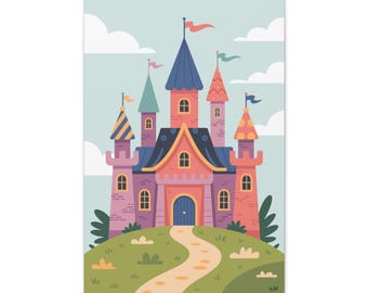 Quadro de Castelo Fantástico para Quarto Infantil - Arte de Parede em Tons Pastel de Conto de Fadas