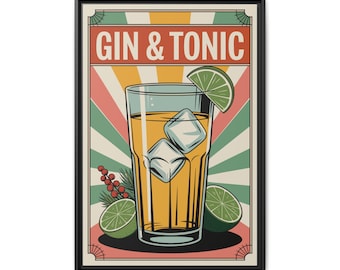 Gin and Tonic Cocktail Framed Canvas Print - Retro Vintage Bar Art | Home Bar Wall Decor | Gin Poster | Kitchen Lounge Artwork
