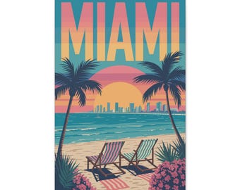 Retro canvasafdruk Miami Beach - vintage Miami-muurkunst | Reisposterstijl Miami | Gedurfd kustdecor voor thuis en op kantoor