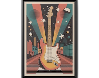 Impresión en lienzo enmarcada de guitarra eléctrica retro: arte mural musical vintage