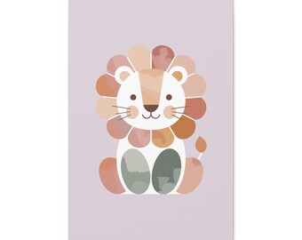 May include: A whimsical illustration of a seated lion cub. The lion features a white face, a multi-colored mane in shades of peach, tan, and brown, and a small, curled tail. The background is a soft lavender color.