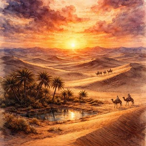 Può includere: Dipinto ad acquerello di un paesaggio desertico al tramonto. Il cielo è pieno di tonalità arancioni, gialle e viola. Le palme circondano un piccolo specchio d'acqua. Cammelli e cavalieri attraversano le dune di sabbia.