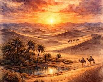 Desert Sunset with Camels and Oasis, Watercolor Style, Desert Scene, Palms, Sand dunes (Digital Download)