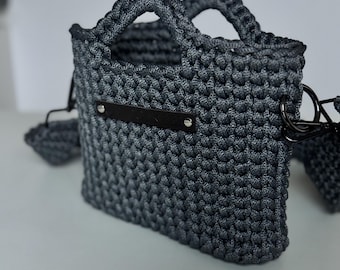 Handmade Crochet Mini Bag, Gray Cord Crossbody Purse