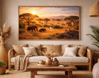 Impresión de paisaje de vida silvestre africana / Panorama de elefantes y guepardos / Decoración de safari de lujo