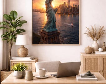 Impresión de la Estatua de la Libertad al atardecer, horizonte de la ciudad de Nueva York (descarga digital)