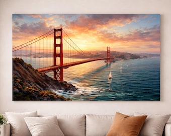 Impresión del atardecer en el puente Golden Gate / Arte mural del paisaje urbano de San Francisco (descarga digital)