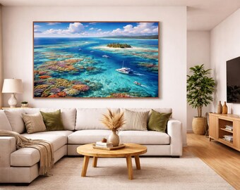 Lámina artística de la barrera de coral, vista al océano tropical, decoración costera (descarga digital)