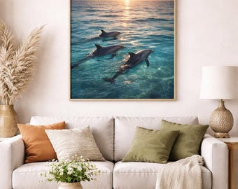 Lámina artística "Delfines al atardecer" / Decoración costera para habitación infantil (descarga digital)