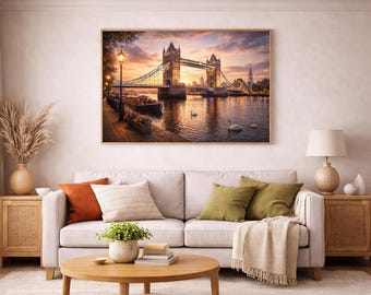 Impresión del atardecer en el Tower Bridge, arte mural del paisaje urbano de Londres (descarga digital)