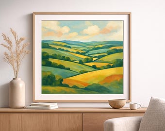 Impresión artística de paisaje impresionista, pintura de colinas ondulantes (descarga digital)