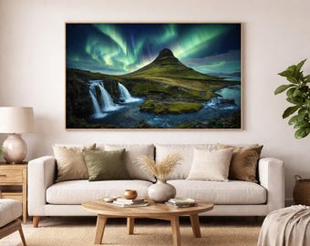 Impresión de la aurora boreal en Kirkjufell, paisaje de la cascada de la aurora boreal en Islandia (descarga digital)