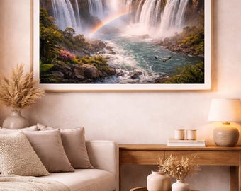 Impresión de cascada arcoíris / Paisaje exuberante de jungla (descarga digital)